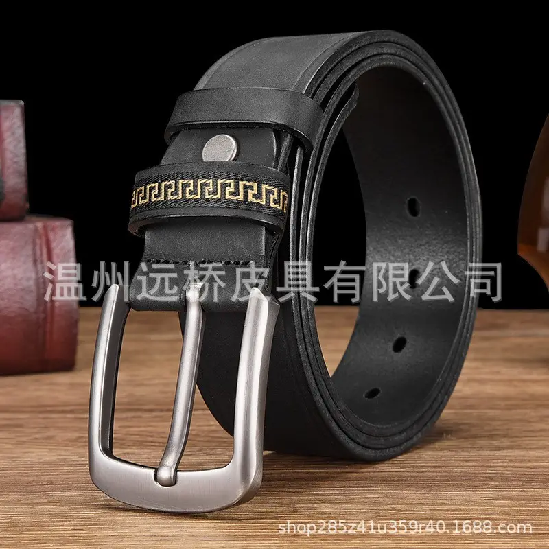Men's Black Cowhide Belt with Pin Buckle Wide Strap - Image 9