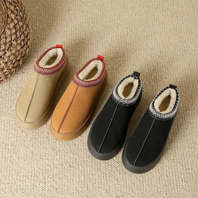 Cross-Border New Style Solid Color Faux Suede Patchwork Ethnic Slippers Thick-Soled Non-Slip Lightweight Warm Cotton Slippers for Women 2026