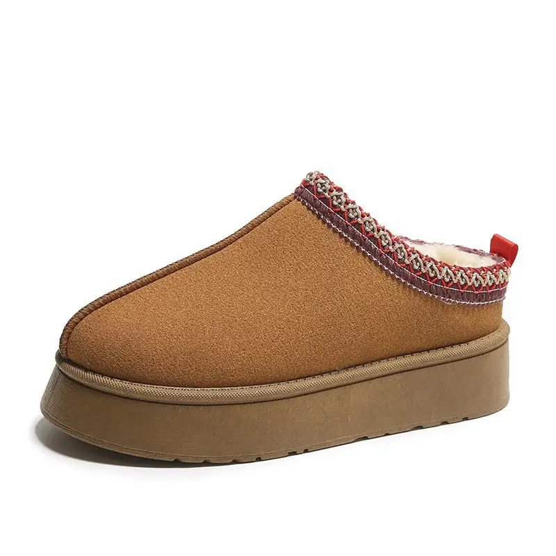 Cross-Border New Style Solid Color Faux Suede Patchwork Ethnic Slippers Thick-Soled Non-Slip Lightweight Warm Cotton Slippers for Women 2026