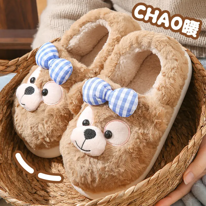 Source Factory Export Cotton Slippers for Women, Autumn and Winter Cute Bear Design, Thick-Soled, Non-Slip, Closed Heel, Fleece-Lined, Suitable for Outdoor and Home Use