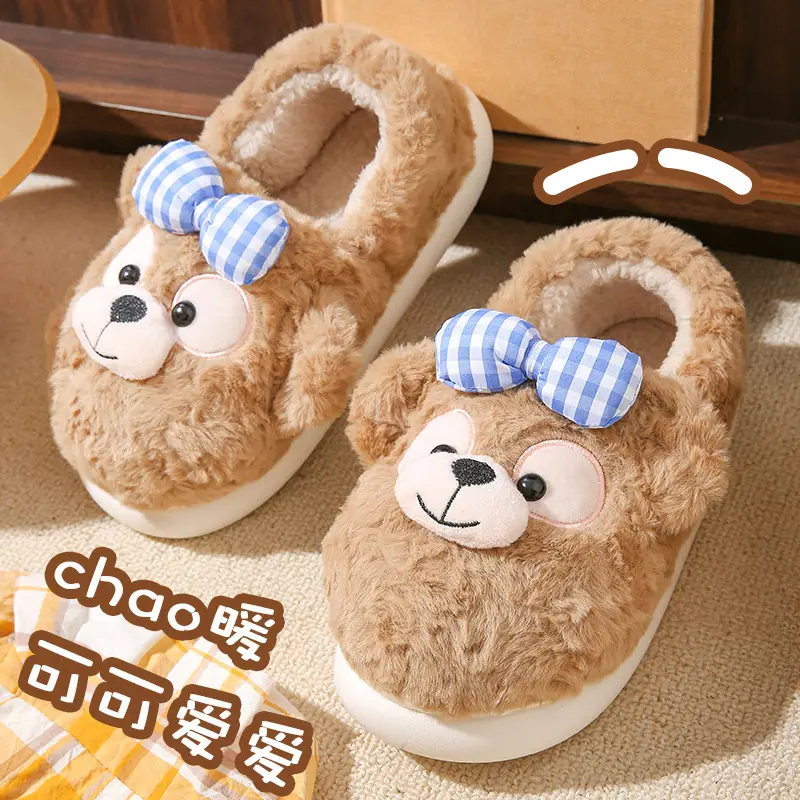Source Factory Export Cotton Slippers for Women, Autumn and Winter Cute Bear Design, Thick-Soled, Non-Slip, Closed Heel, Fleece-Lined, Suitable for Outdoor and Home Use
