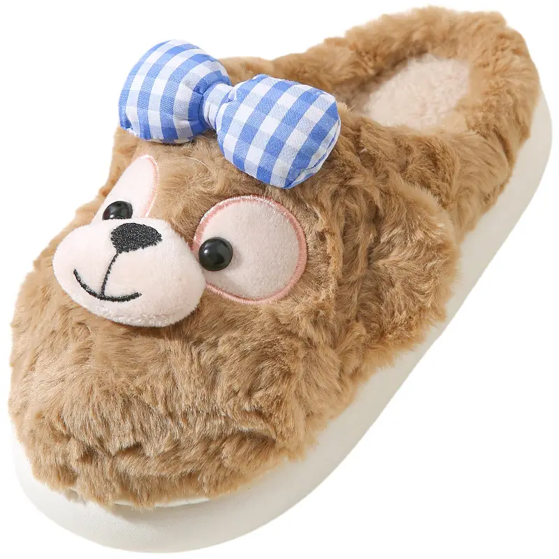 Source Factory Export Cotton Slippers for Women, Autumn and Winter Cute Bear Design, Thick-Soled, Non-Slip, Closed Heel, Fleece-Lined, Suitable for Outdoor and Home Use