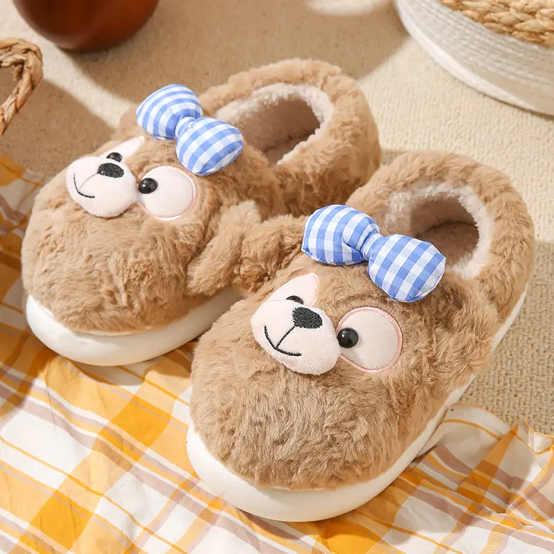 Source Factory Export Cotton Slippers for Women, Autumn and Winter Cute Bear Design, Thick-Soled, Non-Slip, Closed Heel, Fleece-Lined, Suitable for Outdoor and Home Use