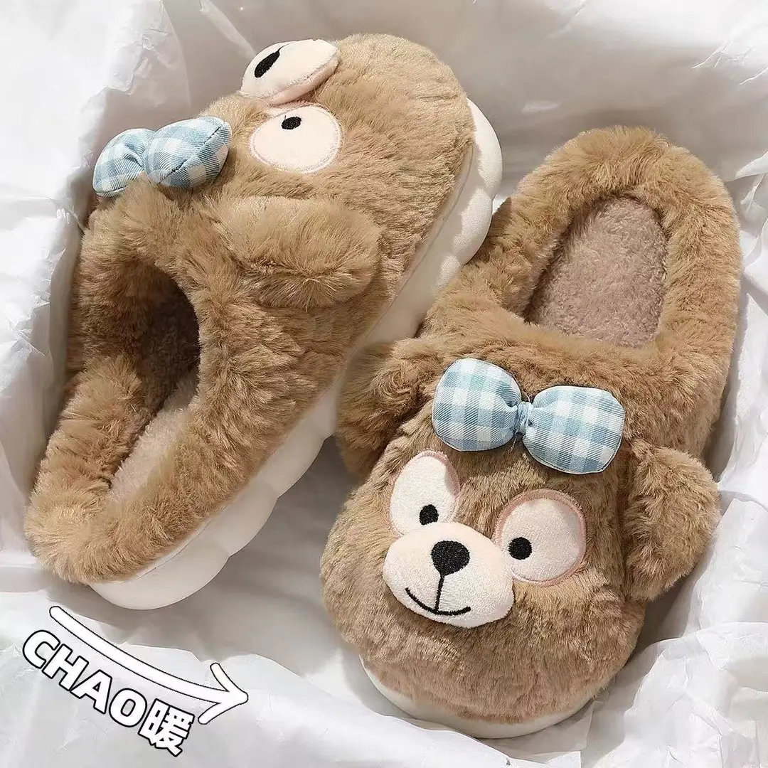 Source Factory Export Cotton Slippers for Women, Autumn and Winter Cute Bear Design, Thick-Soled, Non-Slip, Closed Heel, Fleece-Lined, Suitable for Outdoor and Home Use