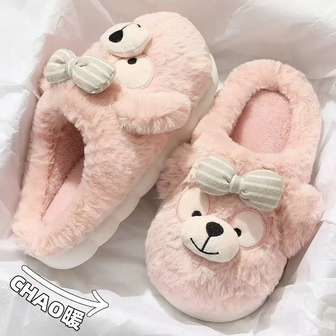 Source Factory Export Cotton Slippers for Women, Autumn and Winter Cute Bear Design, Thick-Soled, Non-Slip, Closed Heel, Fleece-Lined, Suitable for Outdoor and Home Use