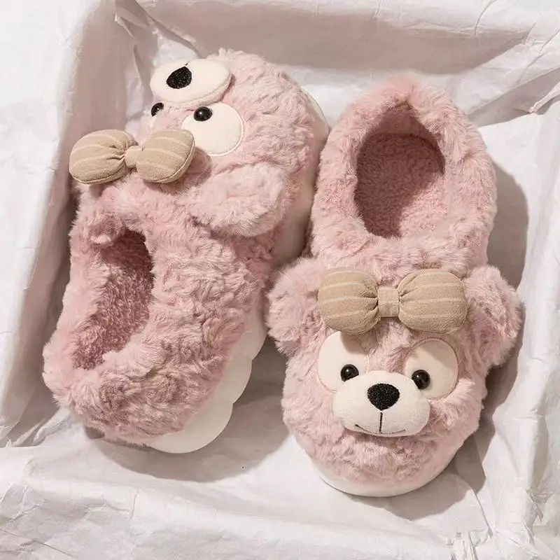 Source Factory Export Cotton Slippers for Women, Autumn and Winter Cute Bear Design, Thick-Soled, Non-Slip, Closed Heel, Fleece-Lined, Suitable for Outdoor and Home Use