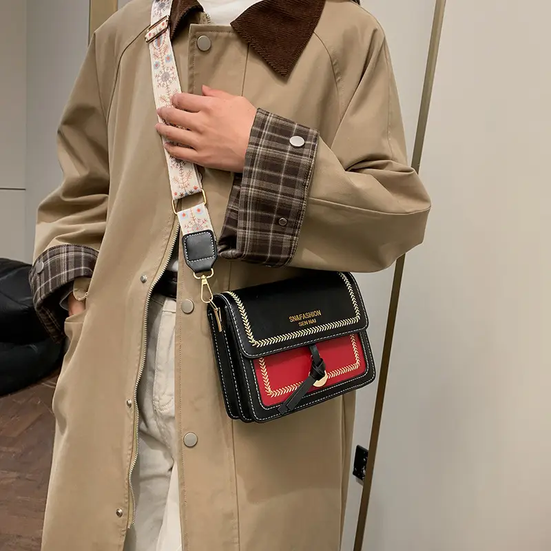 Women's 2024 Shoulder Bag Brown White Contrast Wide Strap - Image 8