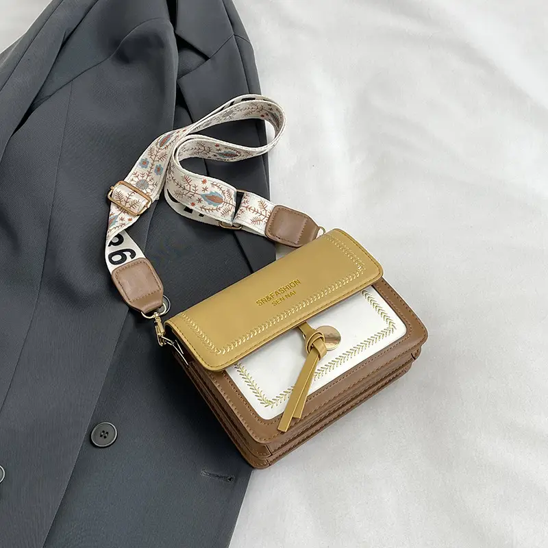 Women's 2024 Shoulder Bag Brown White Contrast Wide Strap - Image 2