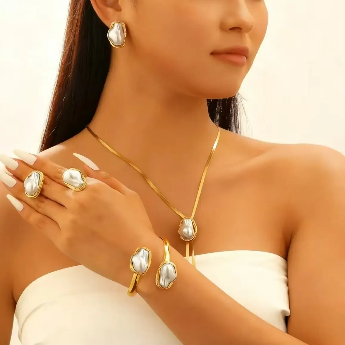 Pearl Necklace Set with Pearl Bracelet and Baroque Design - Image 53