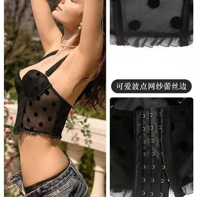 Black Polka Dot Mesh Push Up Bra Vest Style - Image 5