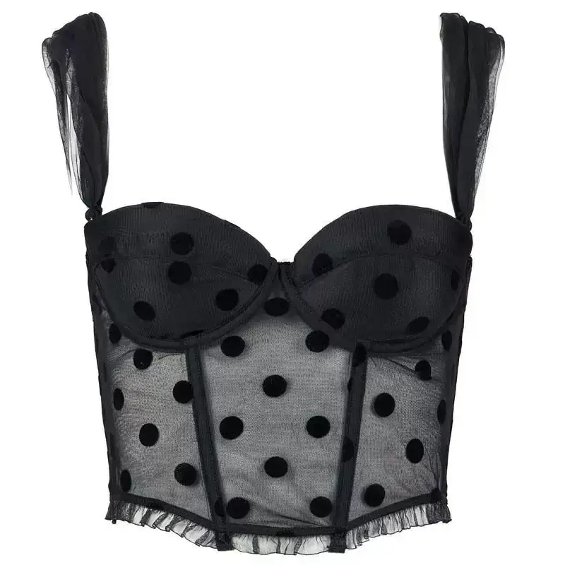 Black Polka Dot Mesh Push Up Bra Vest Style - Image 6