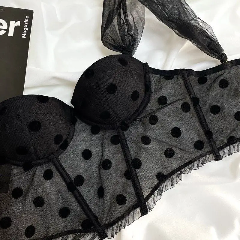 Black Polka Dot Mesh Push Up Bra Vest Style — feature 8