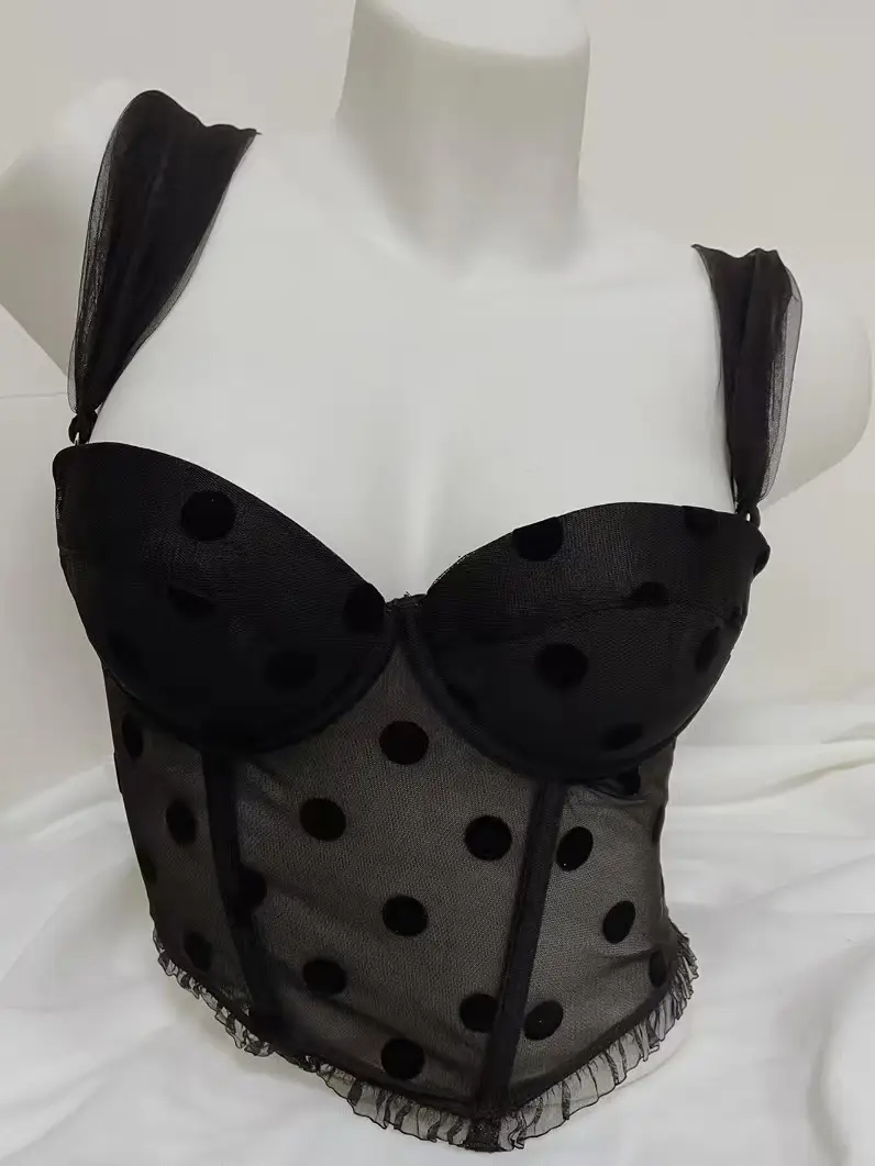 Black Polka Dot Mesh Push Up Bra Vest Style — feature 9