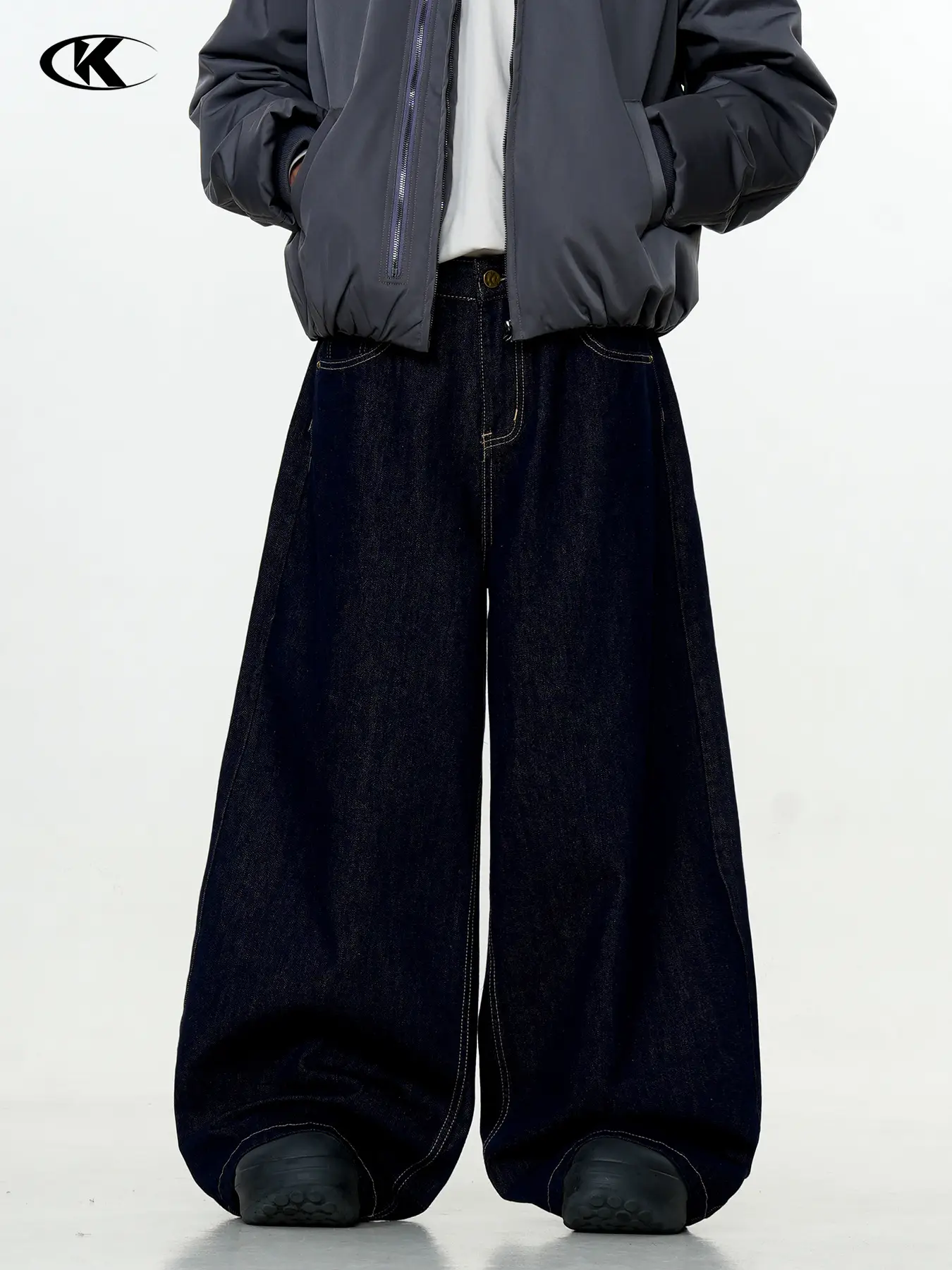 Dark Blue Wide Leg Denim Pants Unisex Slimming Casual