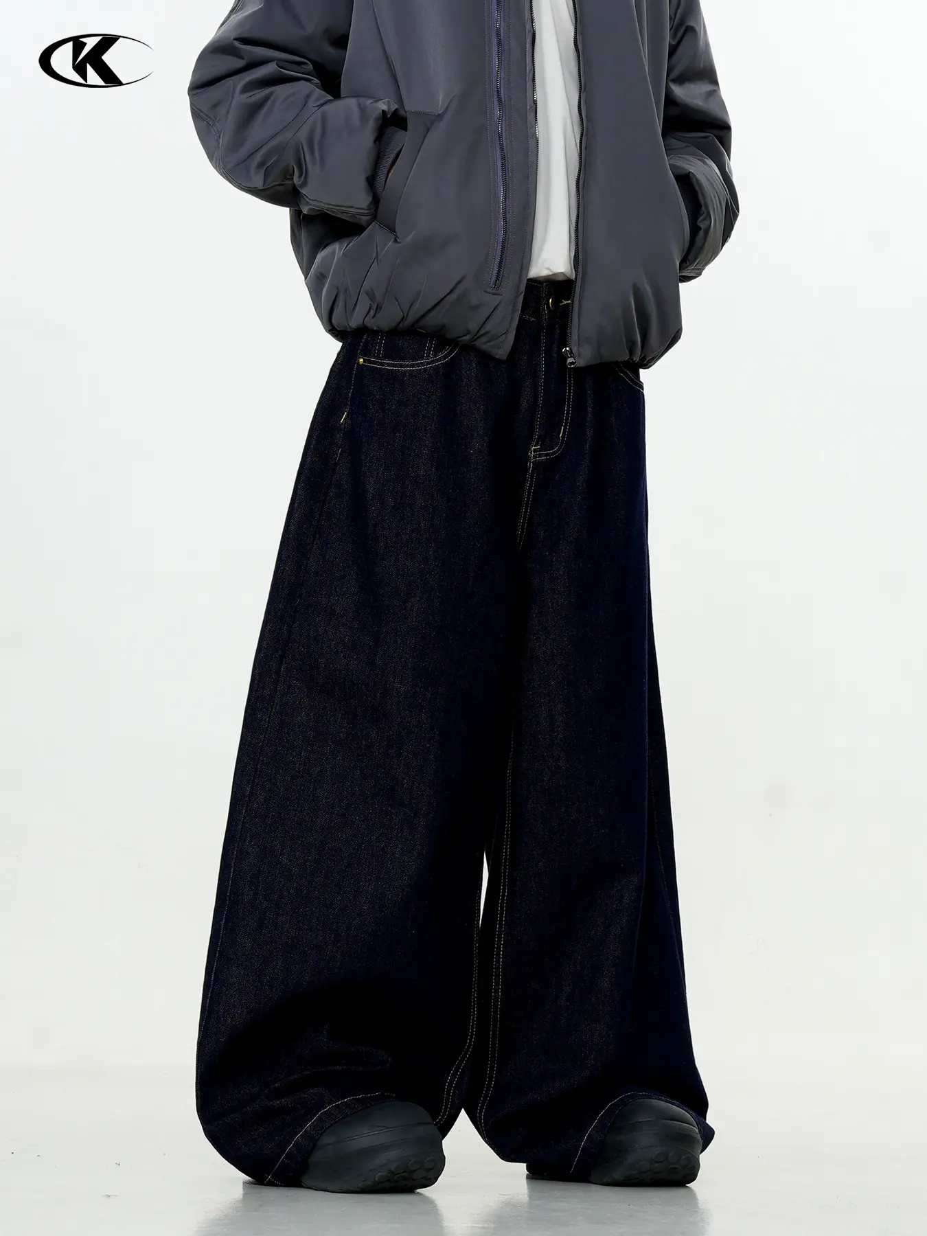 Dark Blue Wide Leg Denim Pants Unisex Slimming Casual
