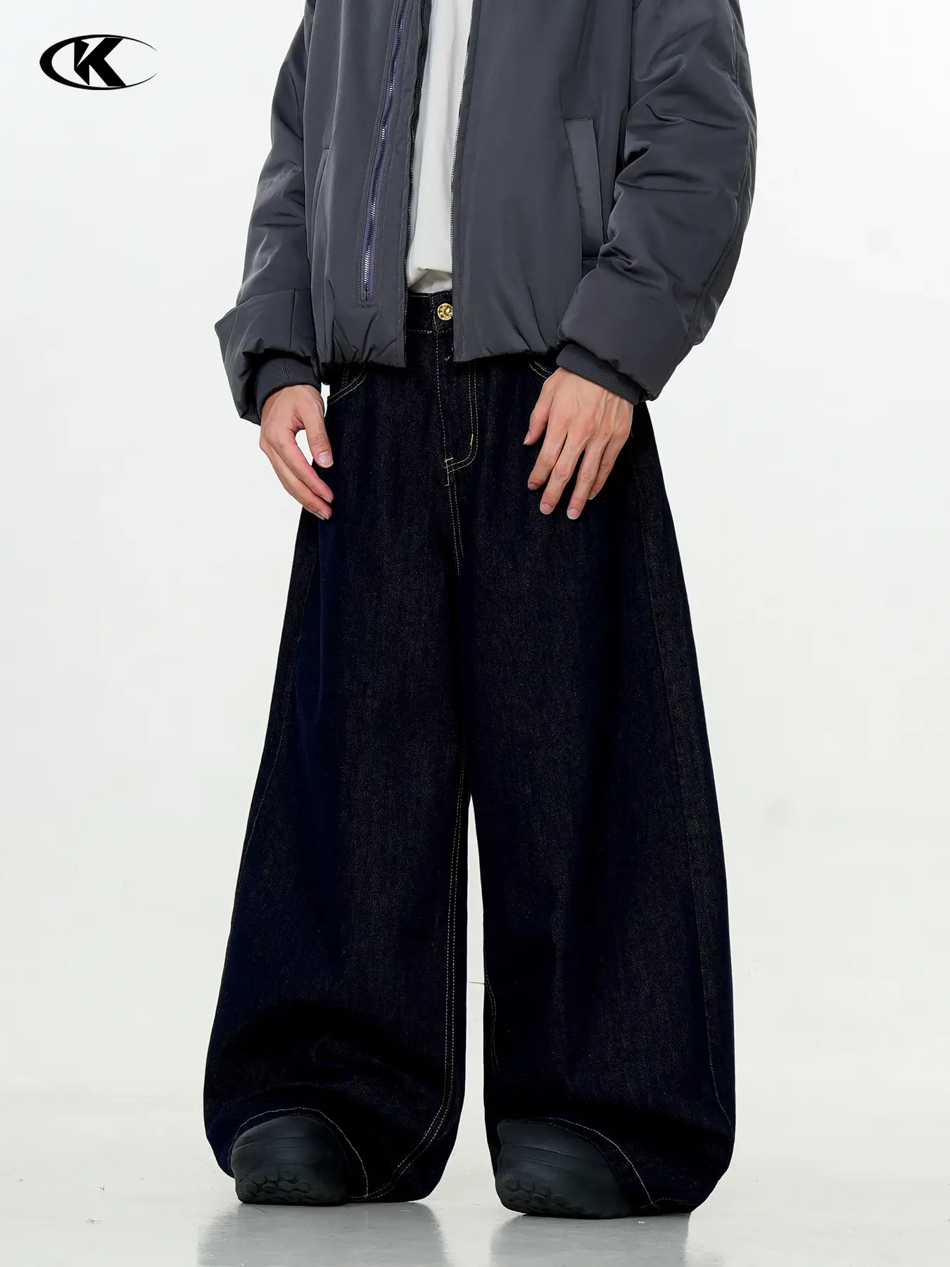 Dark Blue Wide Leg Denim Pants Unisex Slimming Casual