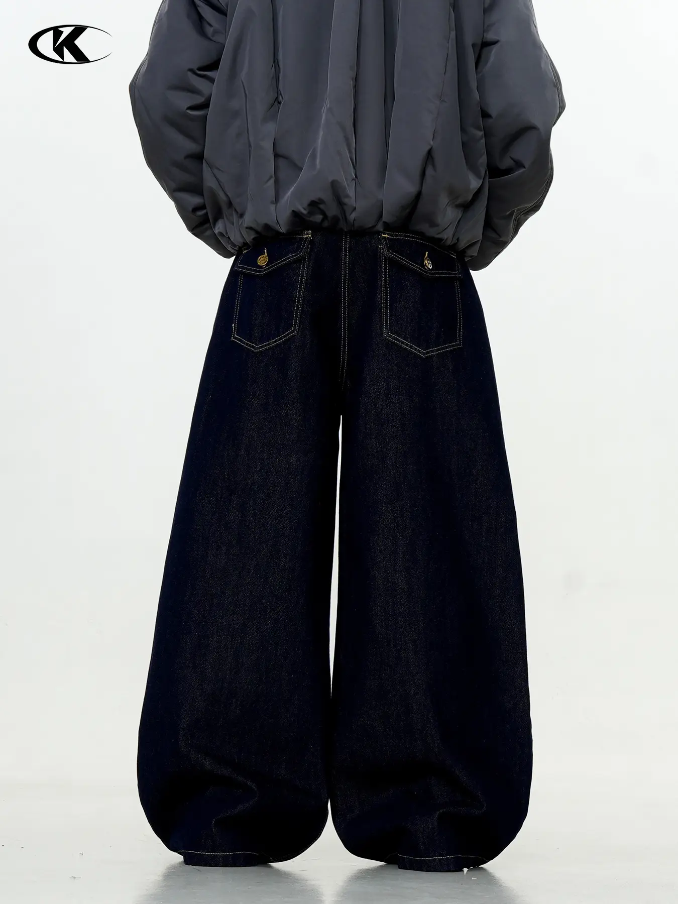 Dark Blue Wide Leg Denim Pants Unisex Slimming Casual