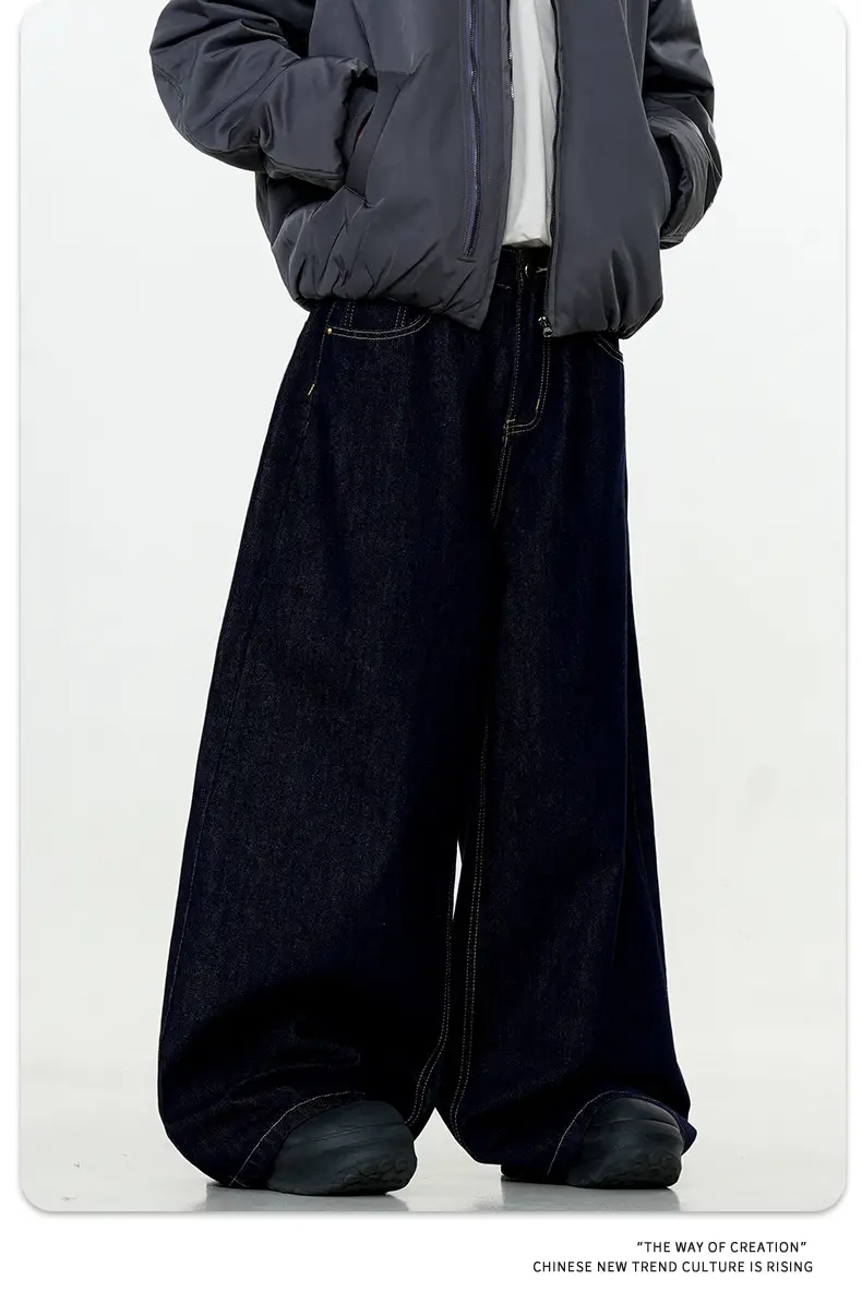Dark Blue Wide Leg Denim Pants Unisex Slimming Casual — feature 11