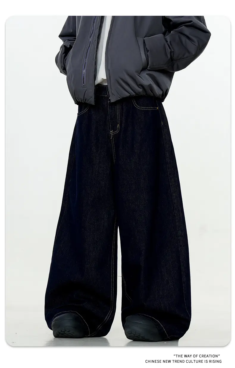 Dark Blue Wide Leg Denim Pants Unisex Slimming Casual — feature 12