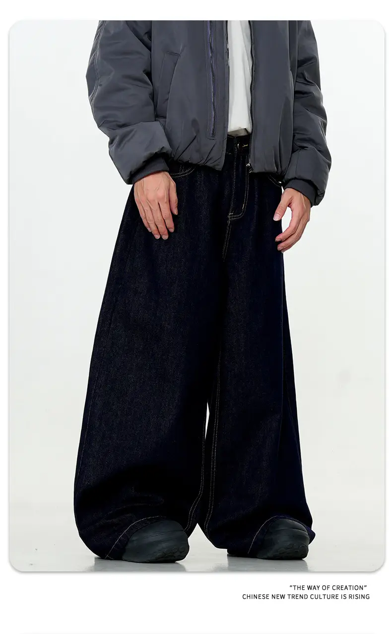 Dark Blue Wide Leg Denim Pants Unisex Slimming Casual — feature 13