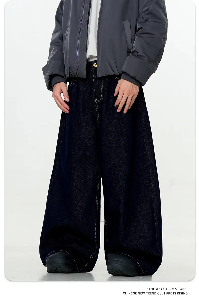Dark Blue Wide Leg Denim Pants Unisex Slimming Casual — feature 14