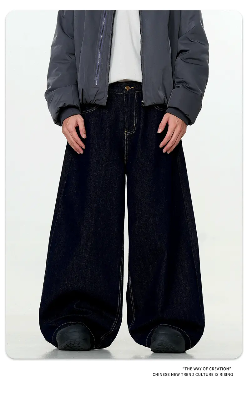 Dark Blue Wide Leg Denim Pants Unisex Slimming Casual — feature 9