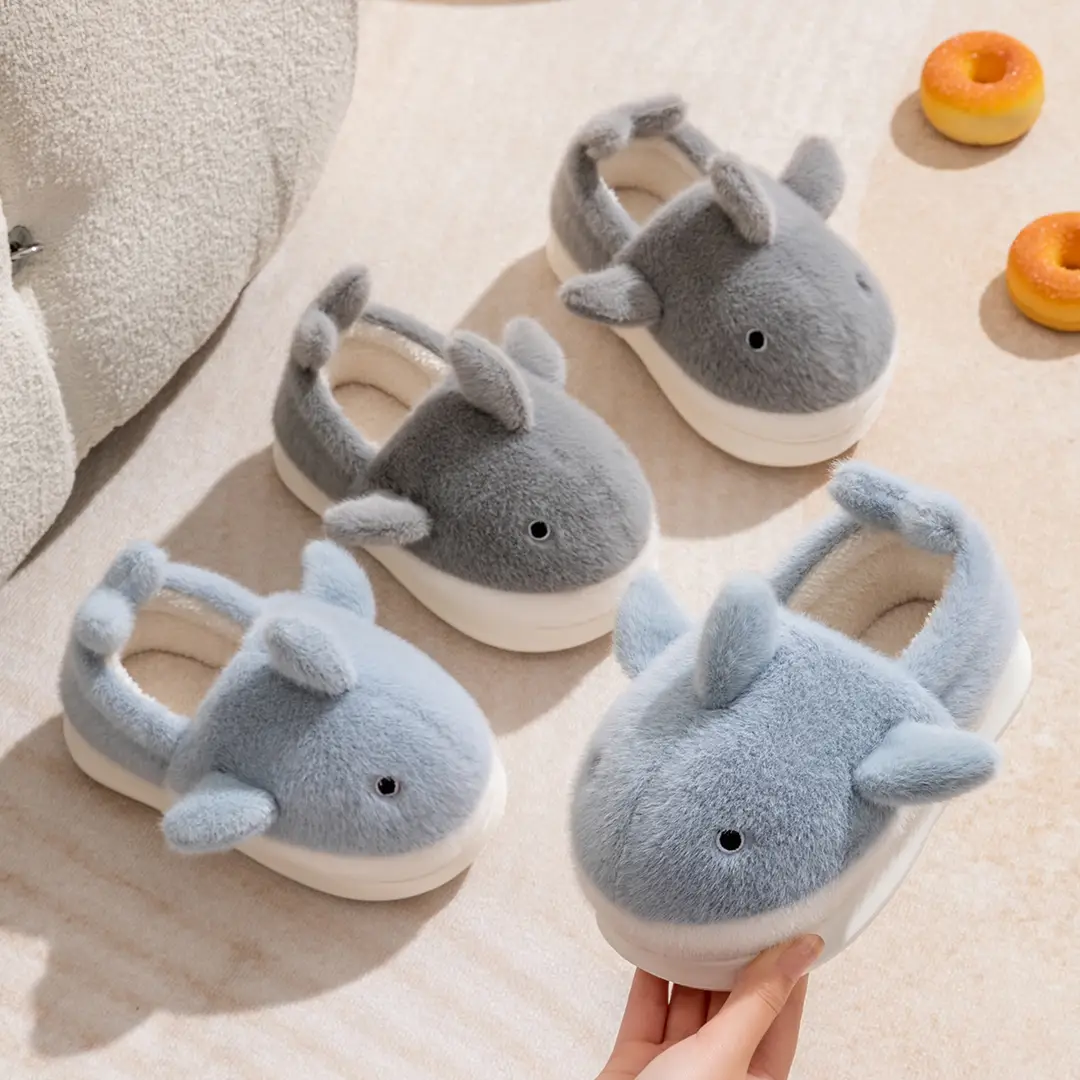 Shark Children's Cotton Slippers Girls' Winter Parent-child Boys' Baby Slippers Women's Bag with Fleece-lined Warm Cotton Shoes - Image 3