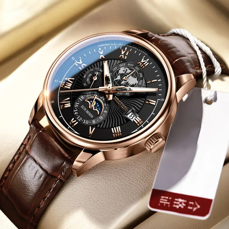 Men's Star Moon Calendar Watch with Black Leather Band