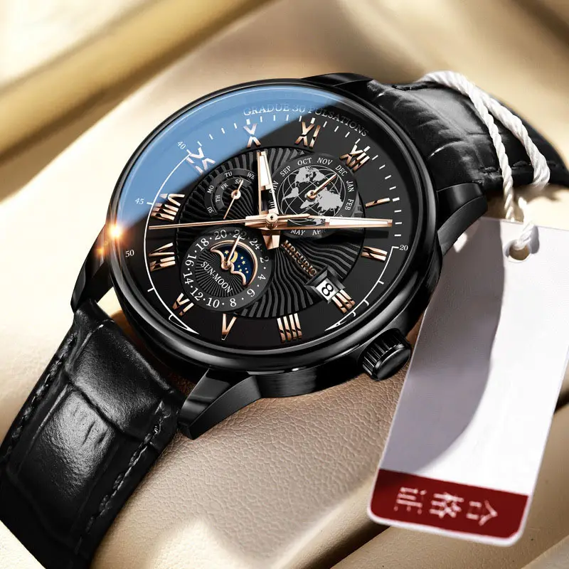 Men's Star Moon Calendar Watch with Black Leather Band