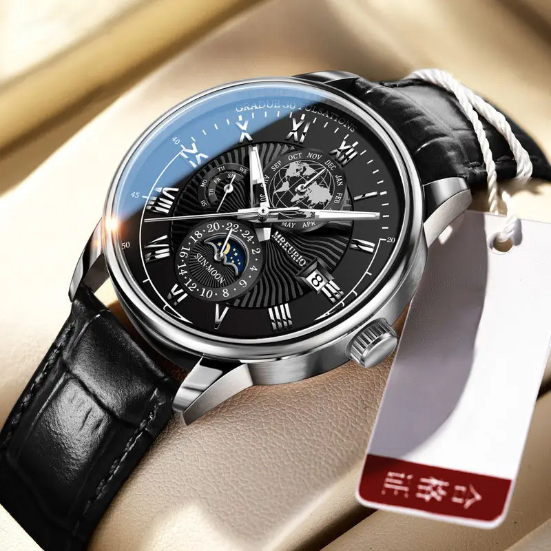 Men's Star Moon Calendar Watch with Black Leather Band