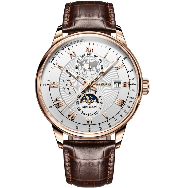 Men's Star Moon Calendar Watch with Black Leather Band