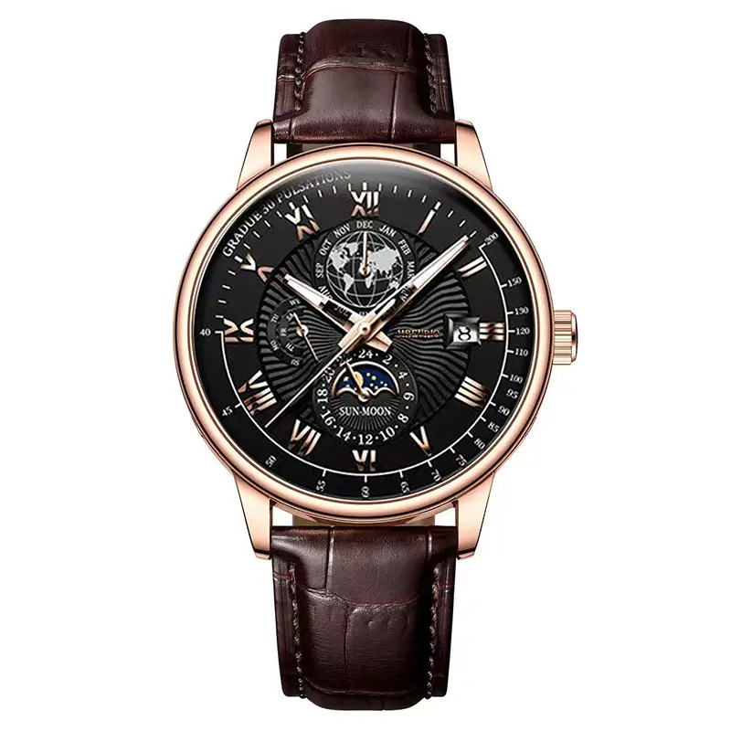 Men's Star Moon Calendar Watch with Black Leather Band