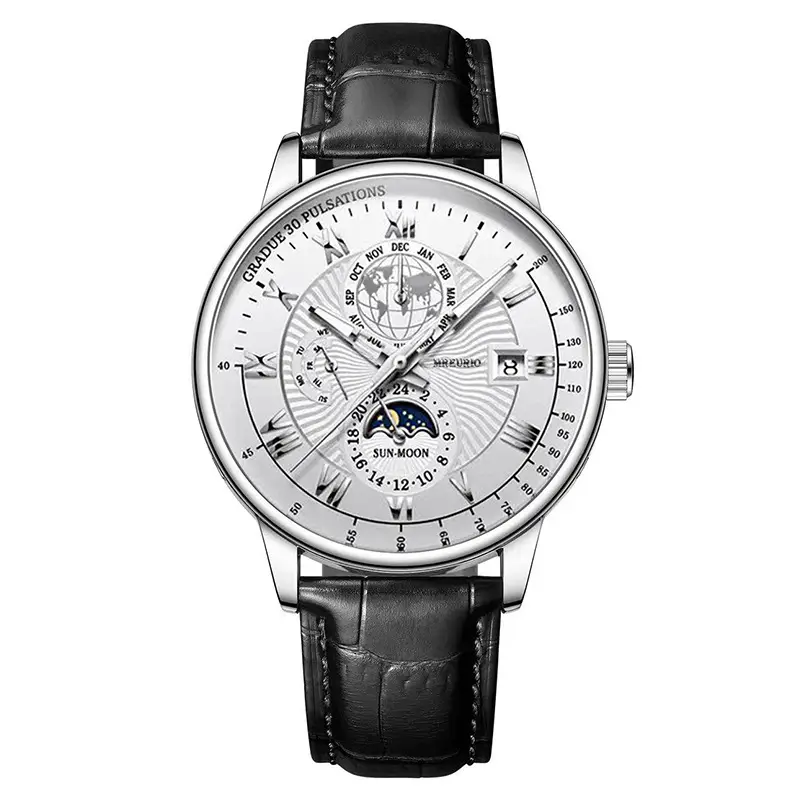 Men's Star Moon Calendar Watch with Black Leather Band