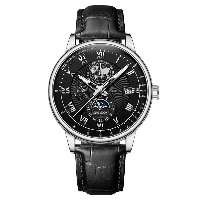 Men's Star Moon Calendar Watch with Black Leather Band