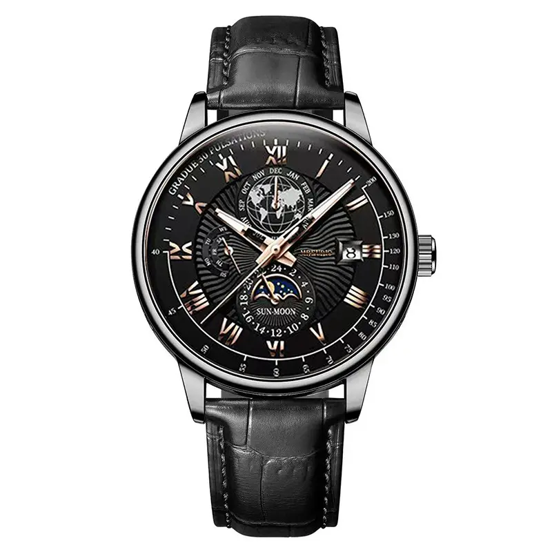 Men's Star Moon Calendar Watch with Black Leather Band