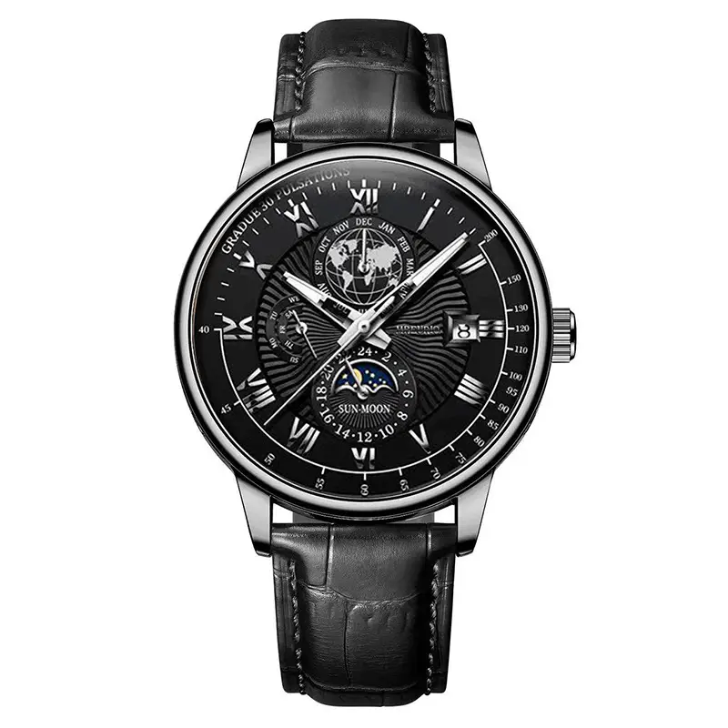Men's Star Moon Calendar Watch with Black Leather Band