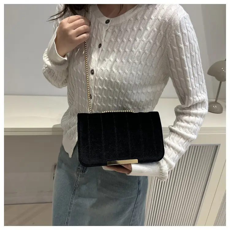 Black Velvet Crossbody Bag with Gold Chain for Women