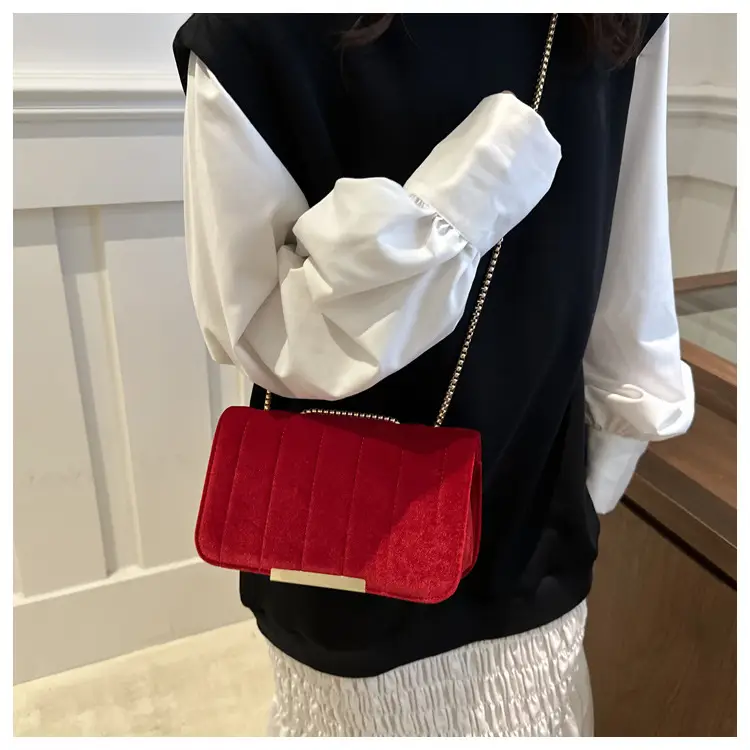 Black Velvet Crossbody Bag with Gold Chain for Women