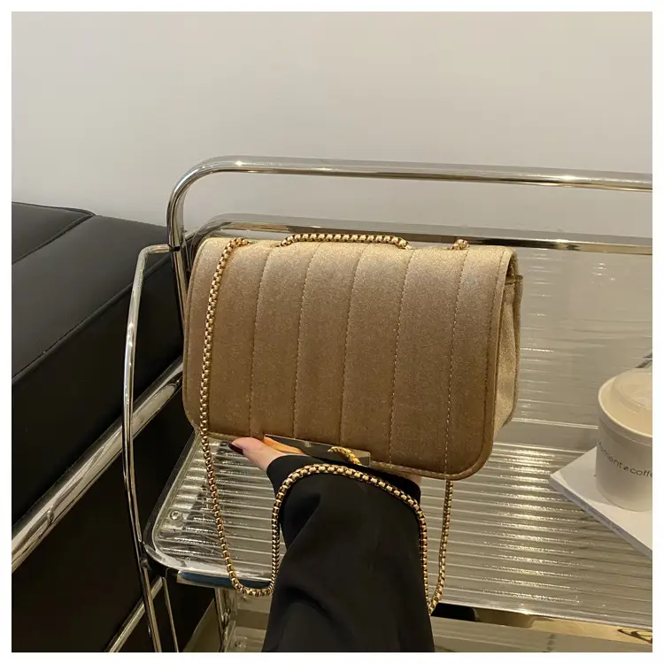 Black Velvet Crossbody Bag with Gold Chain for Women