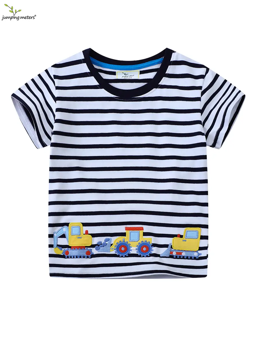European & American Boys Striped T-Shirt with Excavator Print