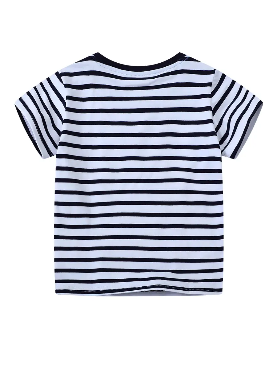 European & American Boys Striped T-Shirt with Excavator Print