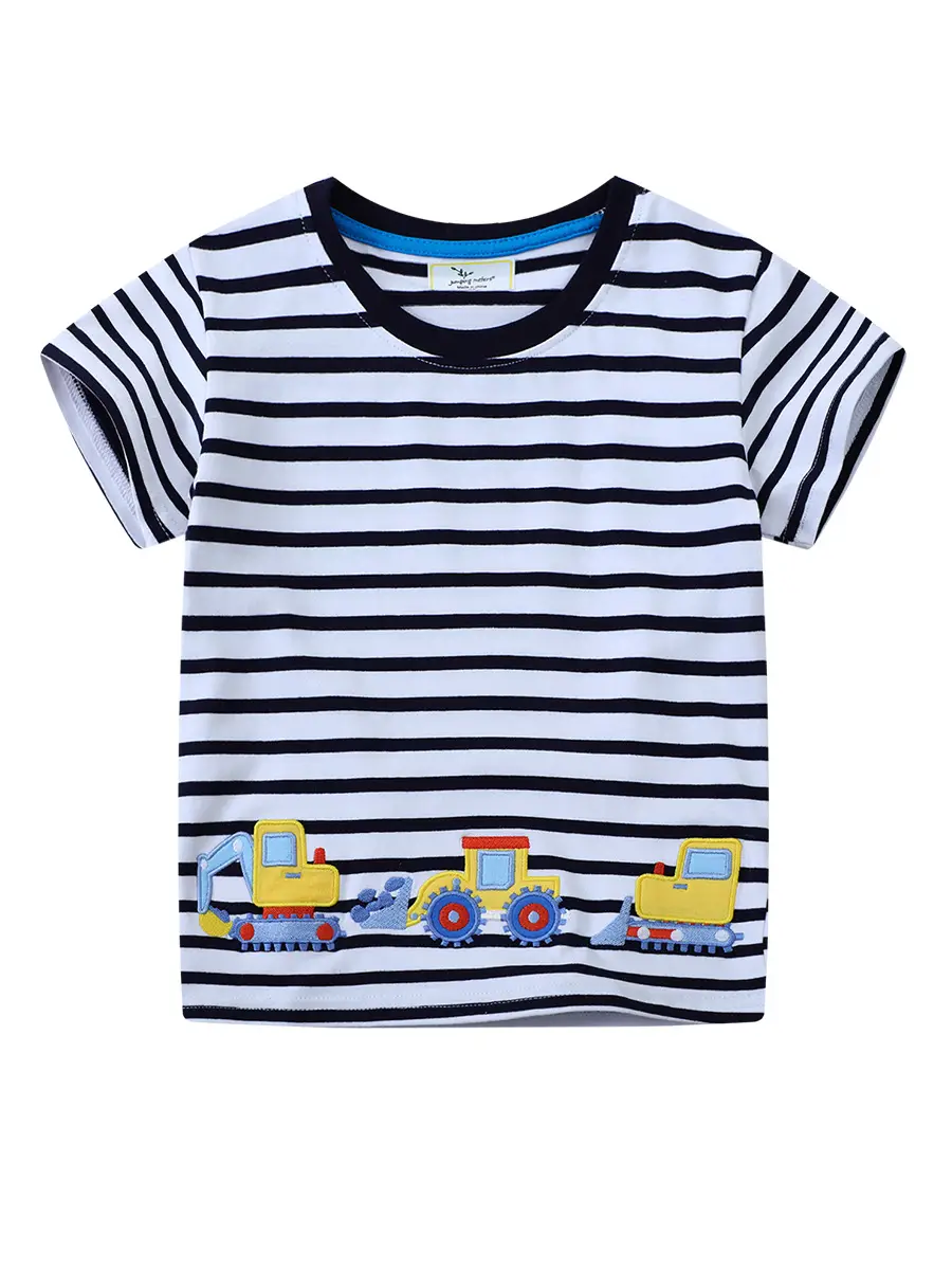 European & American Boys Striped T-Shirt with Excavator Print