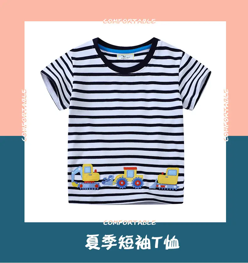 European & American Boys Striped T-Shirt with Excavator Print — feature 2