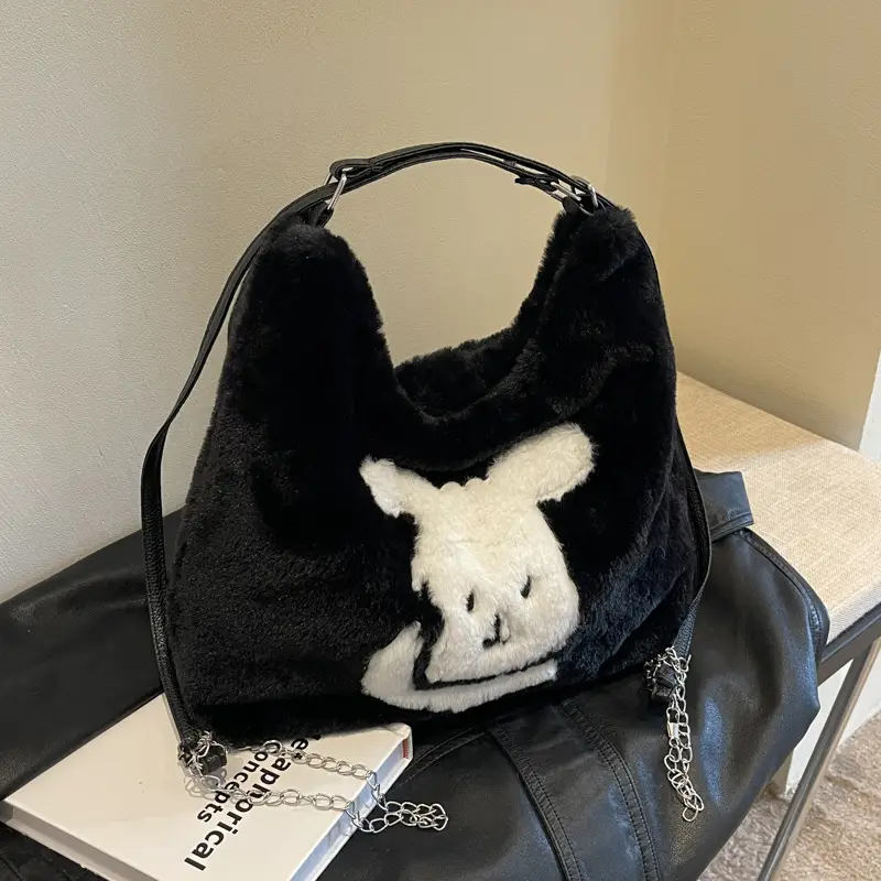 Vintage Black Rabbit Shoulder Bag for Women 2024 Winter - Image 5