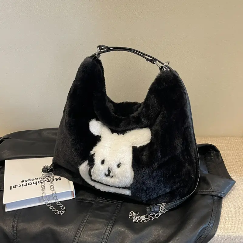 Vintage Black Rabbit Shoulder Bag for Women 2024 Winter - Image 7