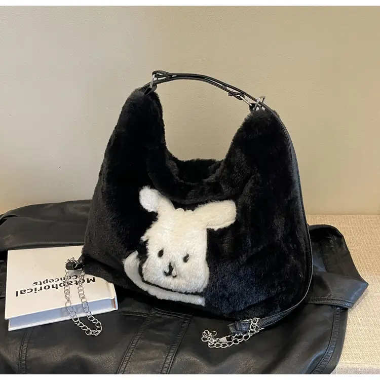 Vintage Black Rabbit Shoulder Bag for Women 2024 Winter — feature 22