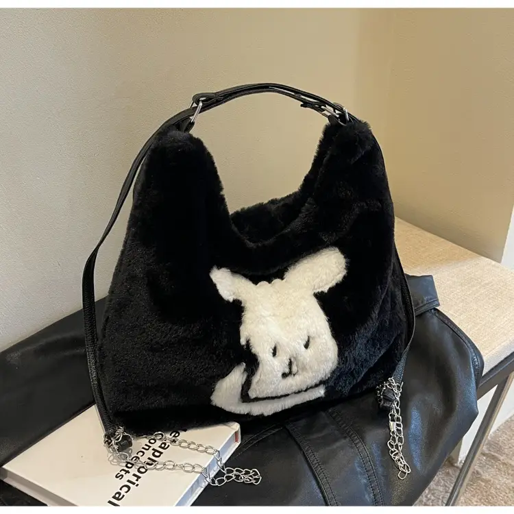 Vintage Black Rabbit Shoulder Bag for Women 2024 Winter — feature 23