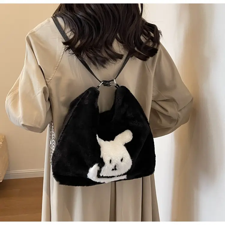 Vintage Black Rabbit Shoulder Bag for Women 2024 Winter — feature 8