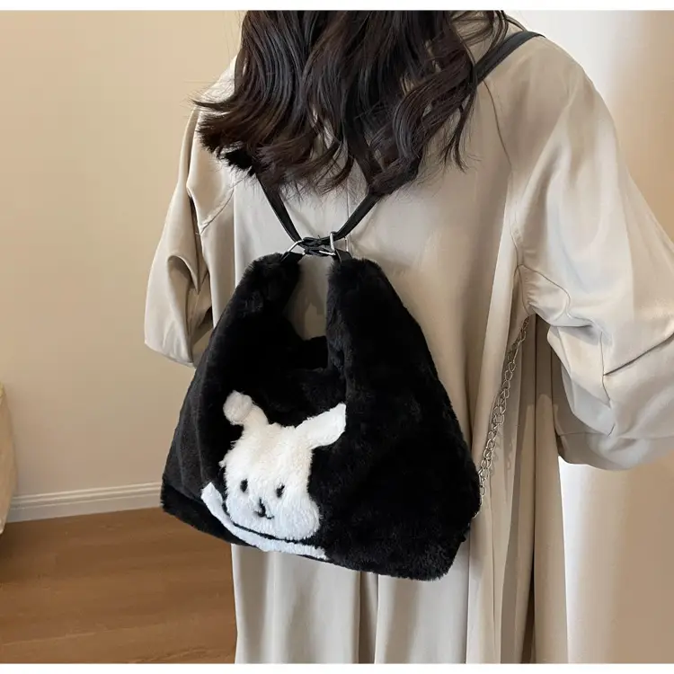 Vintage Black Rabbit Shoulder Bag for Women 2024 Winter — feature 9