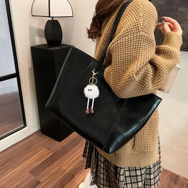 Retro Brown Leather Shoulder Bag with Pom Pom Charm - Image 12